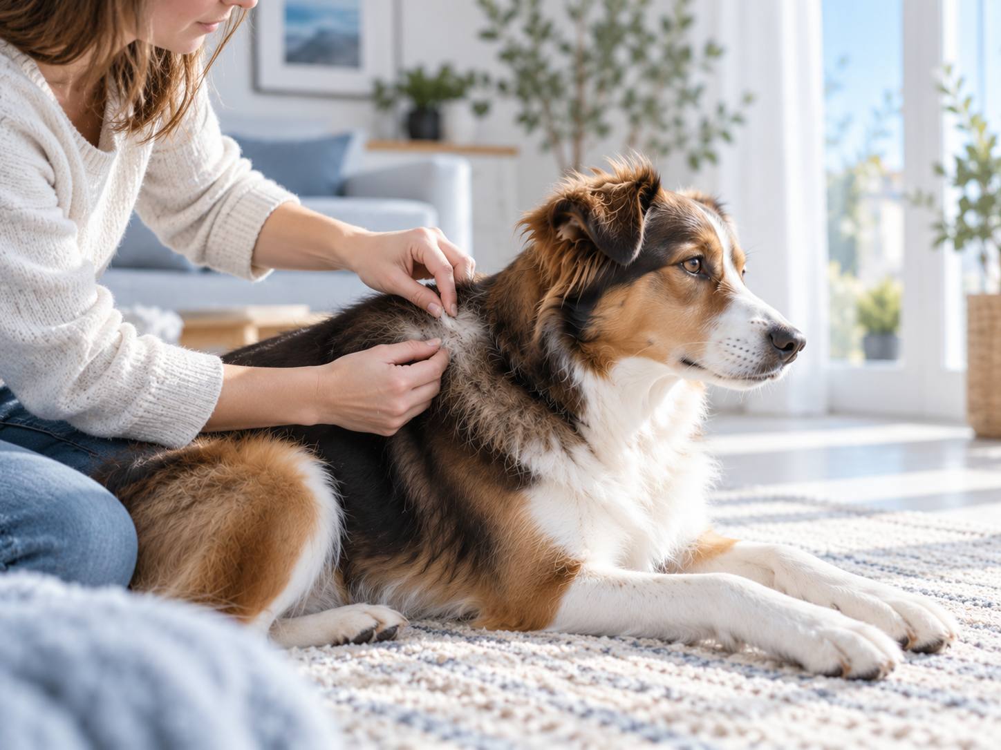 Une personne écarte délicatement le pelage d’un chien couché sur un tapis pour l’examiner.
